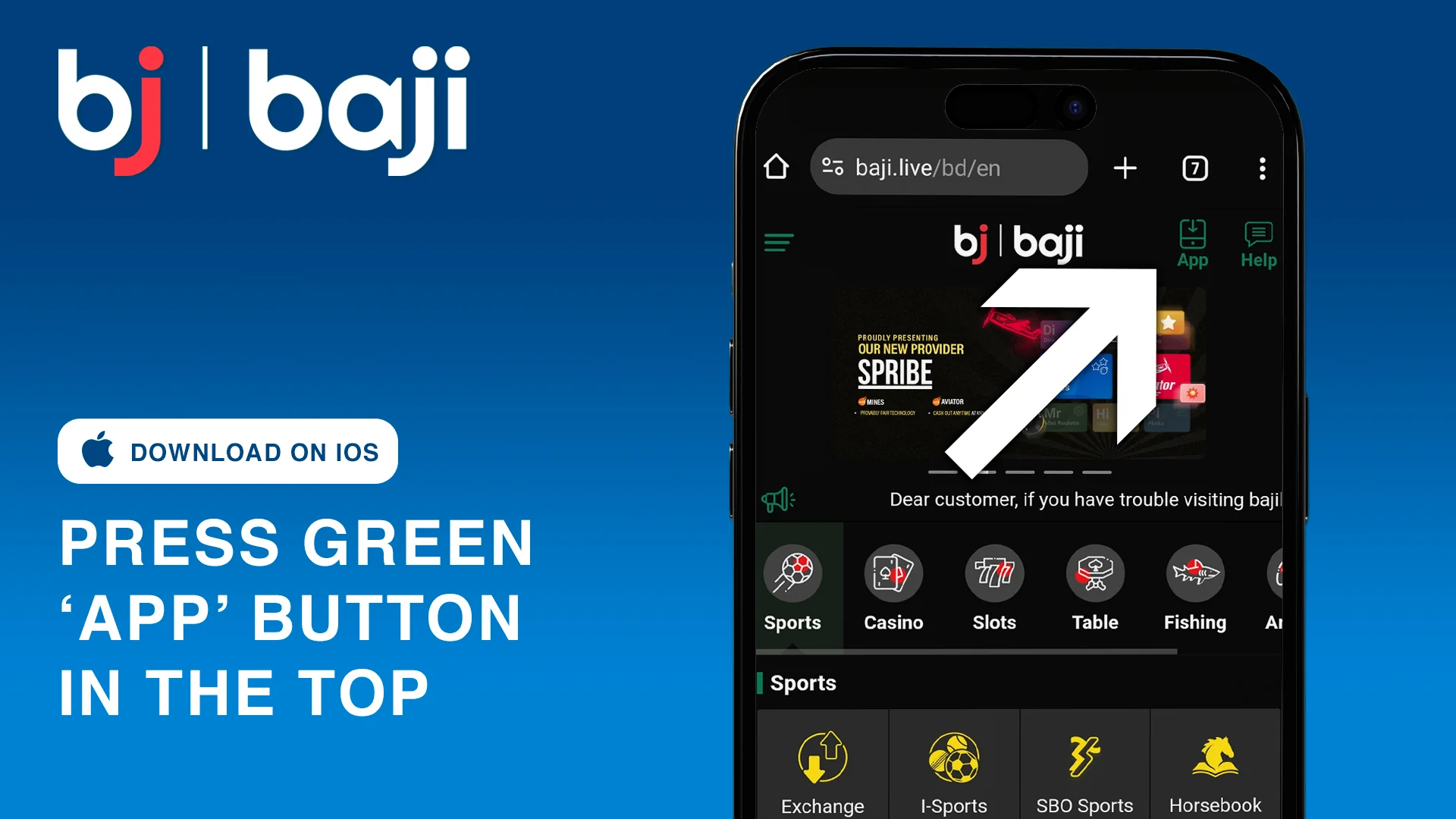 Press green 'App' Button in the cop corner of Baji Website to open iOS App page