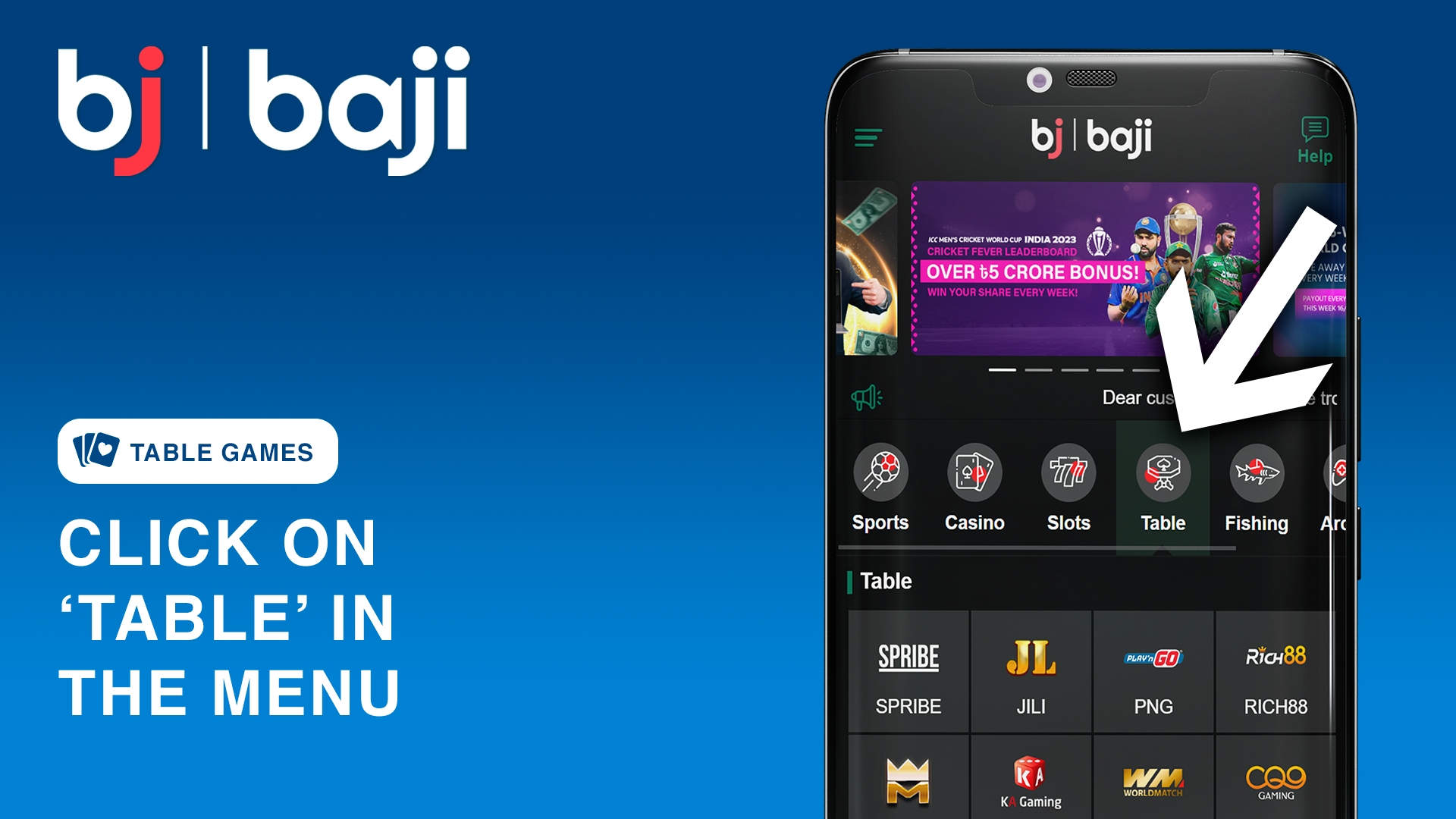 Baji ক্যাসিনো প্রধান মেনুতে টেবিল গেম খুঁজুন