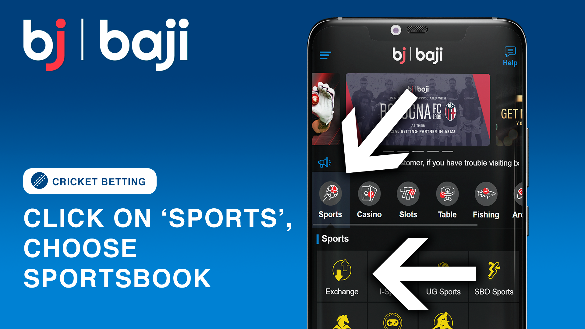 Baji এর 'স্পোর্টস' বিভাগে ক্লিক করুন