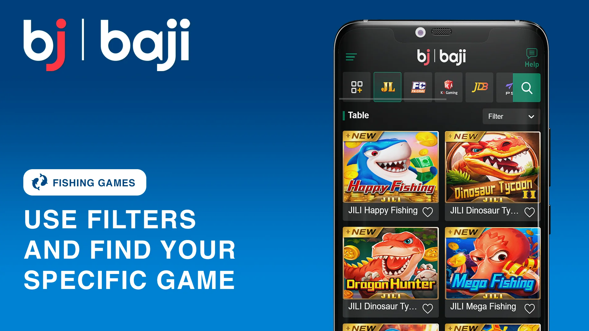 Use Filters to find a specific fishing game - Baji Casino