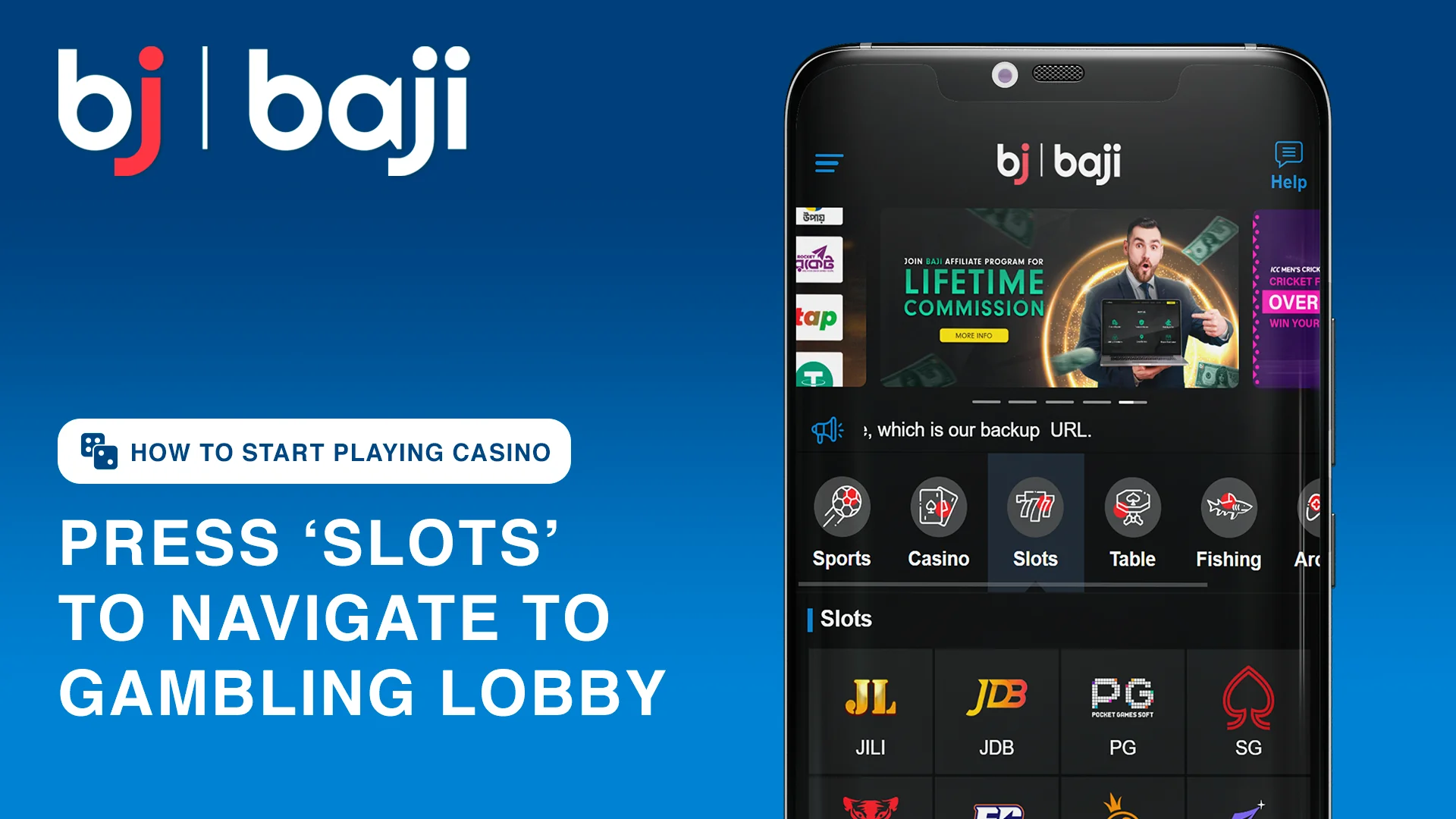 Press 'Slots' button to navigate to gaming lobby - Baji Bangladesh