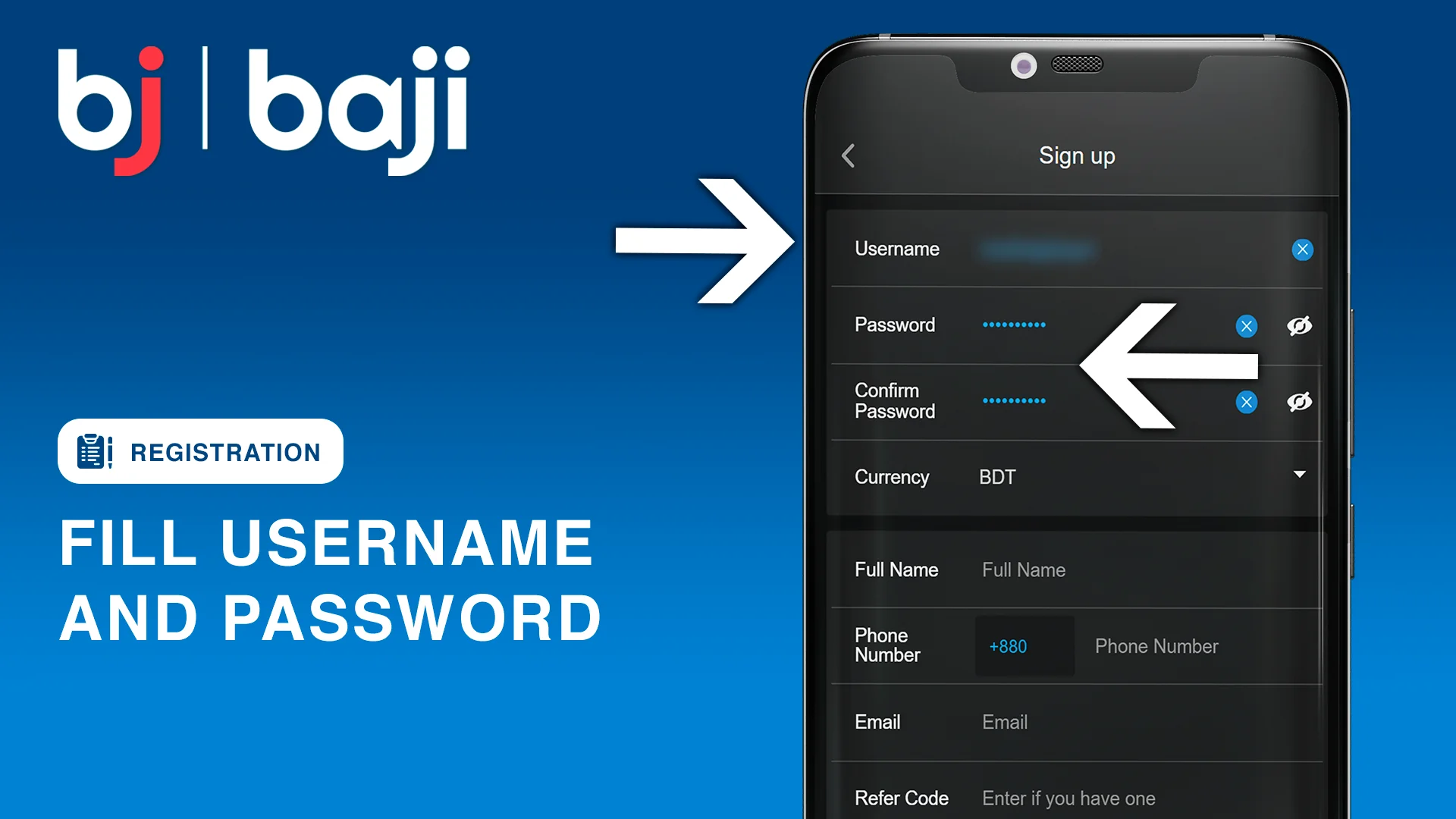 Fill Username and Password - Baji Casino Registration